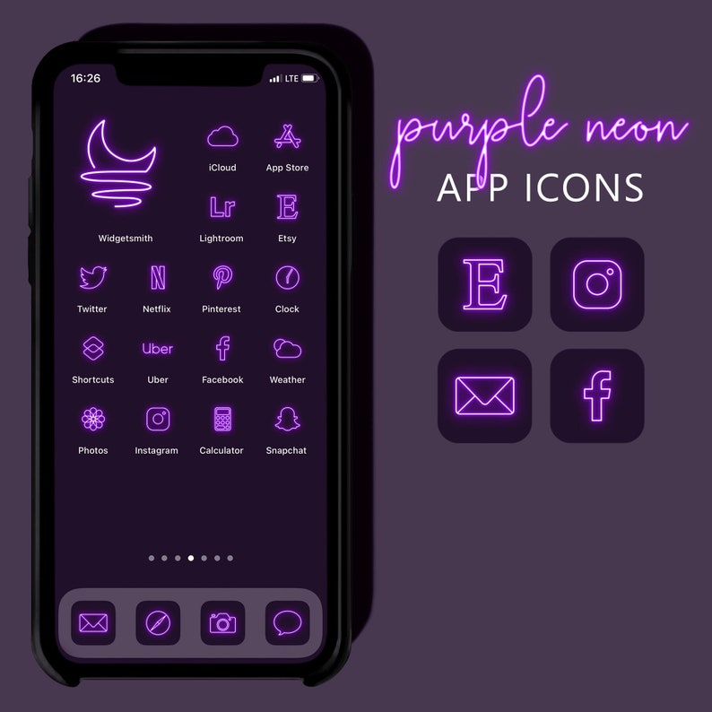 Puede incluir: Una captura de pantalla de un iPhone que muestra un tema de iconos de aplicaciones de ne&oacute;n morado. Los iconos son para aplicaciones populares como Instagram, Twitter, Facebook, y m&aacute;s. El texto "purple neon APP ICONS" se muestra en la parte superior derecha de la imagen.