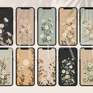 May include: Set of ten phone wallpapers featuring a minimalist design with white daisies on a light green, beige, or black background.