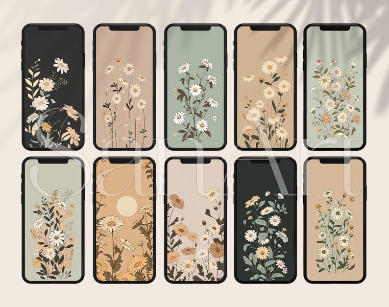 May include: Set of ten phone wallpapers featuring a minimalist design with white daisies on a light green, beige, or black background.