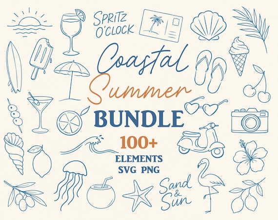 Summer Hand Drawn SVG Icons Bundle, Coastal Whimsical Clipart PNG, Doodles Pool Party Illustrations SVG, Beach Bachelorette Invitations