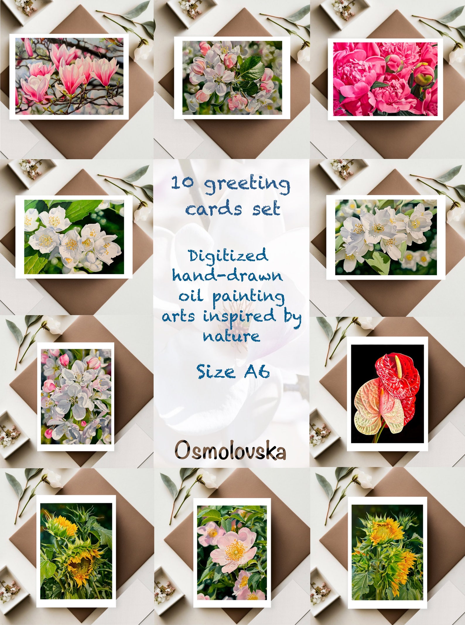 Greeting Card Pack of 10, Greeting Cards Set, Floral Art Cards ...