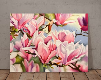 Pintura de magnolia, pintura al óleo grande, flores realistas, arte de realismo, flor rosa, macro botánico, arte de pared de Osmolovska