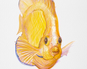 Yellow Fish Watercolor Print, coastal beach art, seaside decor