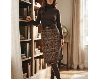 Jupe portefeuille midi vintage Jones New York 100% soie marron, imprimé batik ikat, taille 14W, style bohème