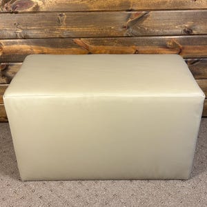 May include: A rectangular, beige ottoman with a smooth, leather-like surface. The ottoman is a solid color and sits on a patterned carpet. The background is a wooden wall.
