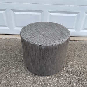 New Round Designer Ottoman Footstool Pouf in Striped Woven Light Grey Fabric