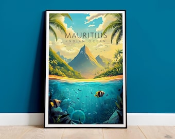May include: A colorful travel poster with a tropical island scene. The poster features a mountain peak, palm trees, and a turquoise ocean with fish. The text on the poster reads "Mauritius - Indian Ocean".