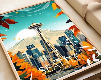 Seattle Traditional Travel Print, Seattle Poster, Seattle Washington, Travel Prints, Travel Posters