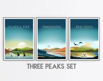 Three Peaks Prints, Snowdon Print, Scafell Pike Print, Ben Nevis Print, Set of 3