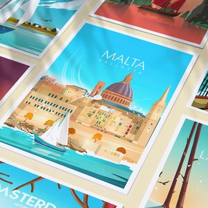 May include: A set of colorful travel posters featuring different cities around the world. The posters are illustrated in a flat style and feature iconic landmarks and scenery. The posters include cities like Valletta, Malta, Lapland, Finland, and Amsterdam, Netherlands.
