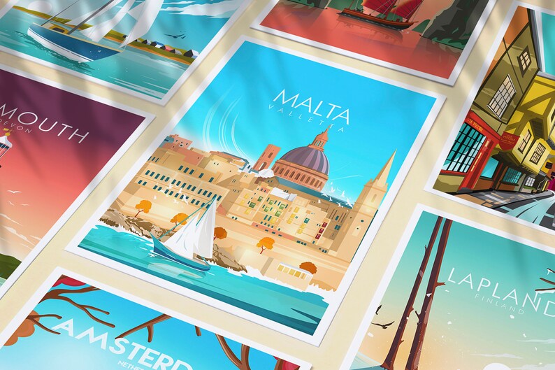 May include: A set of colorful travel posters featuring different cities around the world. The posters are illustrated in a flat style and feature iconic landmarks and scenery. The posters include cities like Valletta, Malta, Lapland, Finland, and Amsterdam, Netherlands.