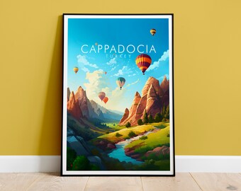 May include: A colorful travel poster featuring a landscape of red rock formations and hot air balloons in the sky. The text "Cappadocia Turkey" is printed in white on a blue background.