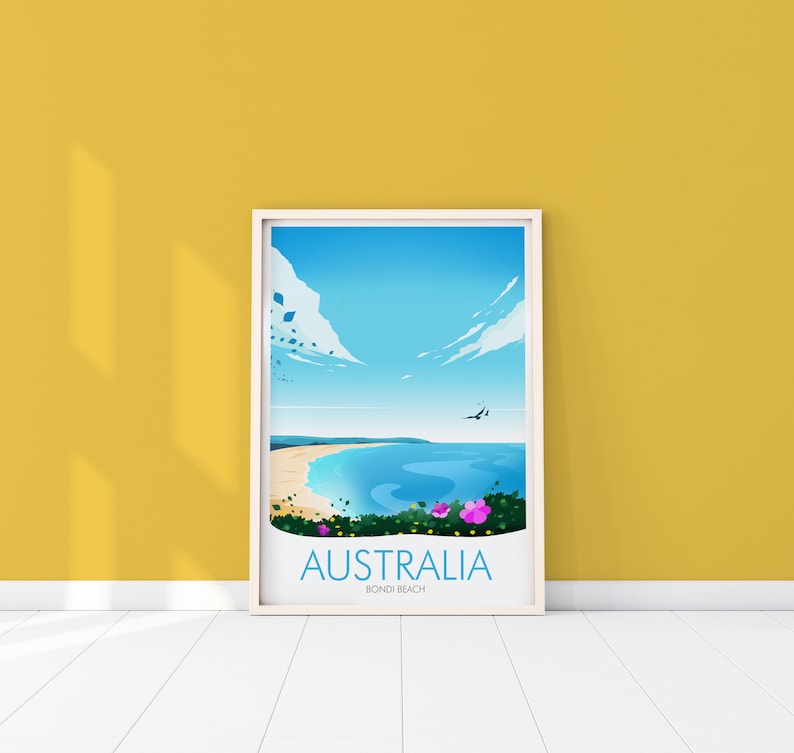 May include: A framed poster featuring a blue and white illustration of Bondi Beach in Australia. The poster has the text "Australia Bondi Beach" at the bottom.