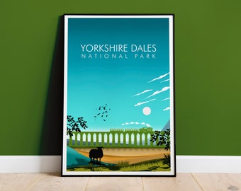 May include: A retro-style poster with a blue sky, white clouds, and a green train crossing a stone archway. The text "Yorkshire Dales National Park" is at the top of the poster. A black sheep stands in the foreground.