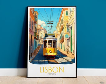 May include: A vintage-style travel poster featuring a yellow tram traveling up a hill in Lisbon, Portugal. The poster has a blue sky and colorful buildings.