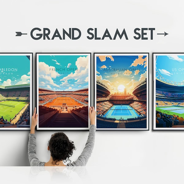 Grand Slam Tennis Prints, Wimbledon Print, Travel Poster, Sport Prints, Set of 4
