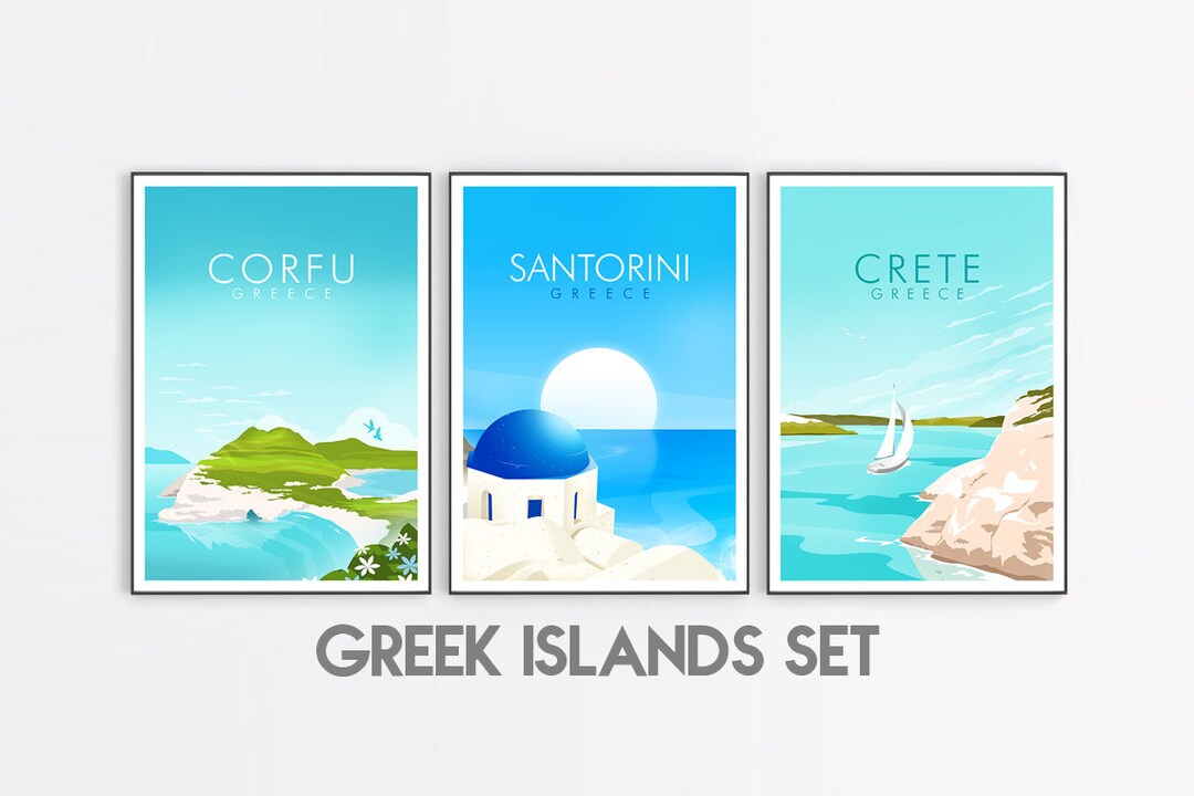Crete Print, Corfu Print, Santorini Print, Set of 3 - Etsy UK