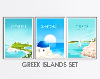 May include: A set of three colorful travel posters featuring Greek islands. The posters are titled "Corfu Greece", "Santorini Greece", and "Crete Greece". Each poster features a scenic landscape with a blue sky, white clouds, and a body of water. The posters are framed in black.