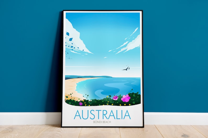 May include: A colourful illustration of Bondi Beach in Australia. The image features a blue sky with white clouds, a sandy beach, blue water, and green bushes with pink flowers. The text "AUSTRALIA" and "BONDI BEACH" is at the bottom of the image.