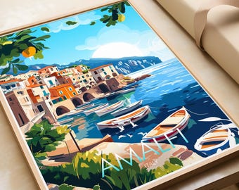 Amalfi Traditional Travel Print, Amalfi Italy, Amalfi Coast Poster, Travel Prints, Travel Posters