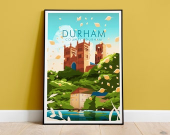 May include: A vintage travel poster featuring a colourful illustration of Durham Cathedral in County Durham, England. The cathedral is depicted on a hill with green trees and a river in the foreground. The sky is blue with white clouds and falling leaves.