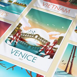 May include: A collection of colorful travel posters featuring destinations like Cowes, Isle of Wight, Venice, Italy, Vietnam, Ha Long Bay, York, Yorkshire, and more. The posters are designed in a retro style with illustrations of landmarks and text.