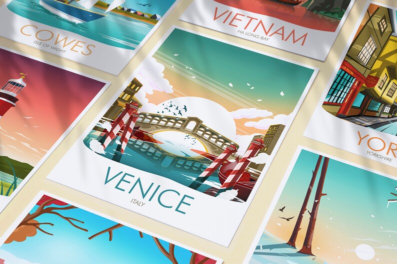 May include: A collection of colorful travel posters featuring destinations like Cowes, Isle of Wight, Venice, Italy, Vietnam, Ha Long Bay, York, Yorkshire, and more. The posters are designed in a retro style with illustrations of landmarks and text.