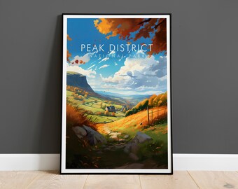 Könnte beinhalten: Ein Vintage-Poster mit einer malerischen Aussicht auf den Peak District National Park in England. Das Poster zeigt einen blauen Himmel mit weißen Wolken, ein grünes Tal mit einem gewundenen Pfad und ein steinernes Gebäude in der Ferne. Der Text "Peak District National Park" ist in Weiß auf einem roten Banner gedruckt.