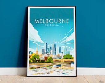 May include: A colorful illustration of the Melbourne skyline with the text "MELBOURNE AUSTRALIA" at the top. The illustration features a bridge, buildings, and a river.