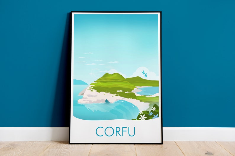 May include: A framed travel poster featuring a scenic view of Corfu, Greece. The artwork depicts a green, mountainous island with white cliffs, turquoise water, and a light blue sky. The word "CORFU" is printed at the bottom.