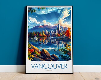 May include: A colorful illustration of the Vancouver skyline with mountains in the background. The city is reflected in the water. The text "Vancouver, Canada" is at the bottom of the image.