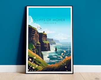 Może przedstawiać: Kolorowa ilustracja Klifów Moher w Irlandii. Obraz przedstawia dramatyczny widok klifów, oceanu i małej wyspy w oddali. Niebo jest niebieskie z białymi chmurami. Tekst "Cliffs of Moher, Ireland" znajduje się w górnej części obrazu.