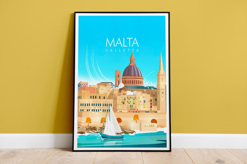 May include: A colorful illustration of the city of Valletta, Malta. The illustration features a blue sky, a sailboat in the water, and a cityscape with a large dome building.