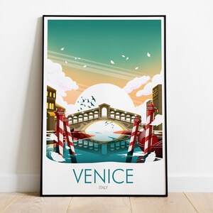 May include: A colorful illustration of a bridge over a canal in Venice, Italy. The bridge is arched and has white columns. The canal is blue and reflects the bridge. There are red and white striped poles on either side of the bridge. The sky is a light blue with white clouds. The text "VENICE" and "ITALY" is at the bottom of the image.