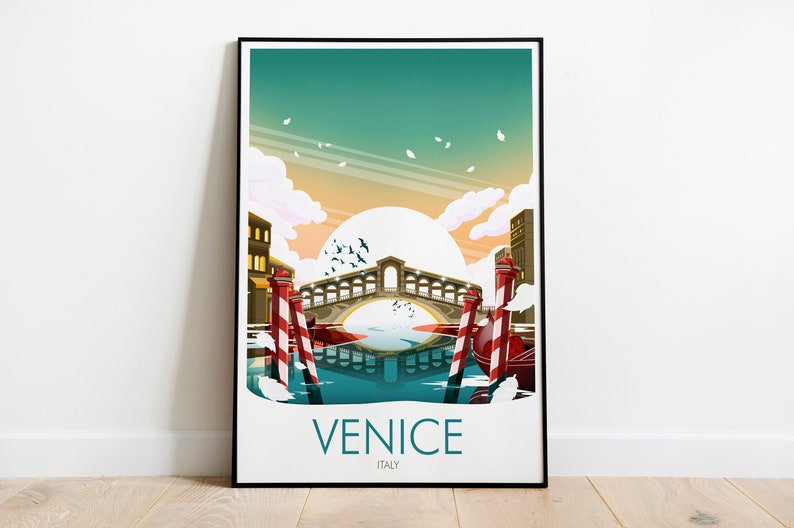 May include: A colorful illustration of a bridge over a canal in Venice, Italy. The bridge is arched and has white columns. The canal is blue and reflects the bridge. There are red and white striped poles on either side of the bridge. The sky is a light blue with white clouds. The text "VENICE" and "ITALY" is at the bottom of the image.