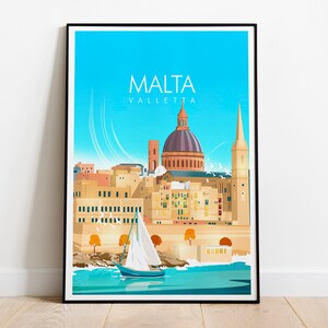 May include: A colorful illustration of the city of Valletta, Malta. The illustration features a blue sky, a white sailboat, and a large building with a dome. The text "MALTA" and "VALLETTA" is written in white letters on a blue background.