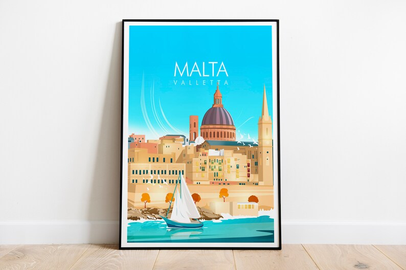 May include: A colorful illustration of the city of Valletta, Malta. The illustration features a blue sky, a white sailboat, and a large building with a dome. The text "MALTA" and "VALLETTA" is written in white letters on a blue background.