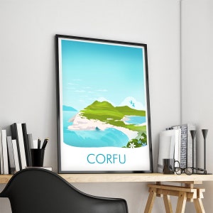May include: A framed travel poster featuring a scenic view of Corfu, Greece. The artwork depicts a vibrant landscape with green hills, turquoise waters, and a bright blue sky. The word "CORFU" is displayed in a clean, modern font at the bottom.