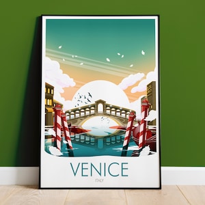 May include: A colorful illustration of the Rialto Bridge in Venice, Italy. The bridge is red and white with a blue canal underneath. The illustration is set against a green and blue sky with white clouds.