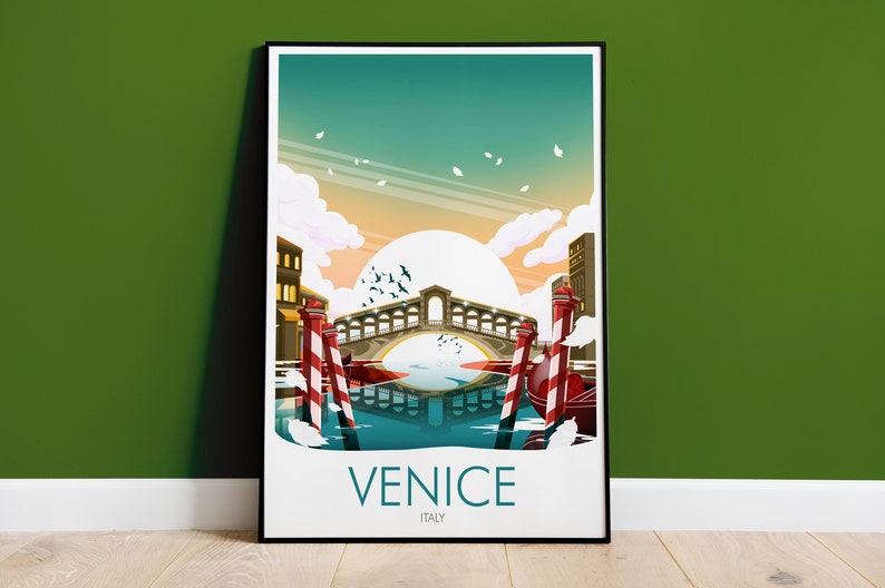 May include: A colorful illustration of the Rialto Bridge in Venice, Italy. The bridge is red and white with a blue canal underneath. The illustration is set against a green and blue sky with white clouds.