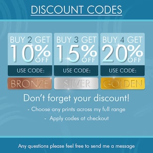 May include: A blue and white graphic with the text "DISCOUNT CODES" at the top. Three boxes with the text "BUY 2 GET 10% OFF", "BUY 3 GET 15% OFF", and "BUY 4 GET 20% OFF". Below each box is the text "USE CODE:" and a colored button with the text "BRONZE", "SILVER", and "GOLDEN". The text "Don't forget your discount!" is below the boxes. The text "Choose any prints across my full range" and "Apply codes at checkout" are below the text "Don't forget your discount!" The text "Any questions please feel free to send me a message" is at the bottom of the graphic.