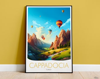 May include: A colorful travel poster featuring a scenic landscape with hot air balloons floating over a valley with rock formations. The poster has the text "Cappadocia" and "Turkey" at the bottom.