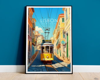 May include: A yellow and white tram travels up a cobblestone street in Lisbon, Portugal. The street is lined with colorful buildings. The text "LISBON PORTUGAL" is at the top of the image.
