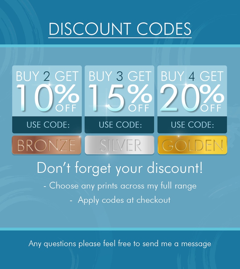 May include: A promotional graphic with the text "DISCOUNT CODES" at the top. It features three sections offering discounts: Buy 2 Get 10% Off, Buy 3 Get 15% Off, and Buy 4 Get 20% Off. Each section has a unique code: BRONZE, SILVER, GOLDEN.