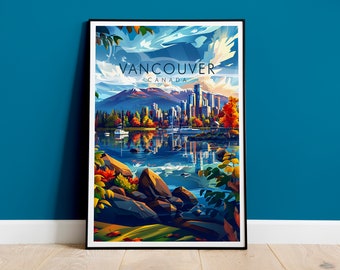 May include: A colorful illustration of the Vancouver skyline with mountains in the background. The city is reflected in the water. The text "Vancouver, Canada" is at the top of the image.