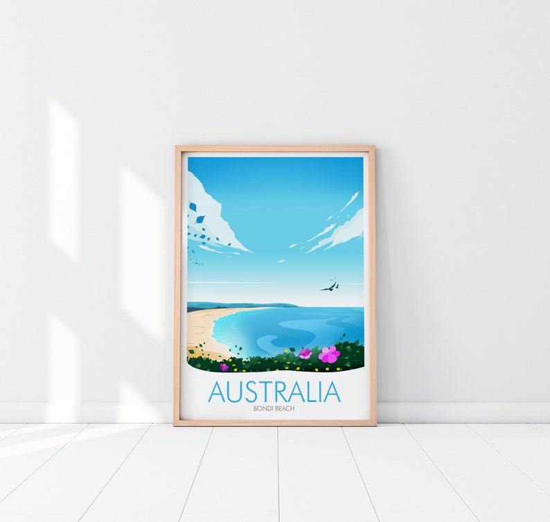 May include: A framed illustration of Bondi Beach in Australia. The image features a blue sky with white clouds, a sandy beach, and blue ocean water. The text "AUSTRALIA" and "BONDI BEACH" is printed below the image.