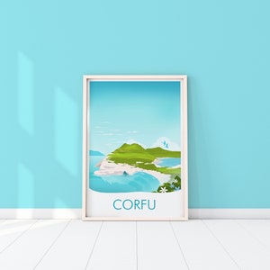 May include: A framed art print featuring a scenic illustration of Corfu. The artwork depicts green hills, blue water, and a clear sky. The word "CORFU" is printed in a teal color at the bottom of the print. The frame is white.