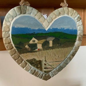 Wall hanging of Farm on Yorkshire Moors. Acrylic painting on clay.