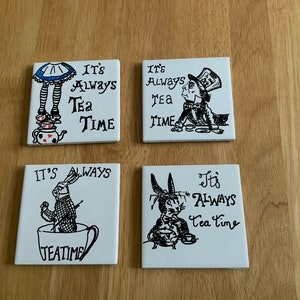 Set of four &quot;Time for Tea&quot; Coasters Alice in Wonderland