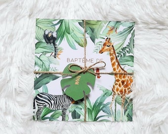 Faire Part Naissance ou Baptême - Invitation anniversaire - Jungle Tropical Animal - Cordelette & Etiquette